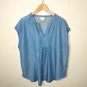 Liz Claiborne Blue Chambray Shirt Cap Sleeve Popover